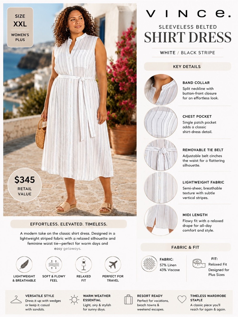 Vince Sleeveless Drapey Stripe Belted Midi Shirt Dress Plus XXL White Black NWT - Picture 2 of 10
